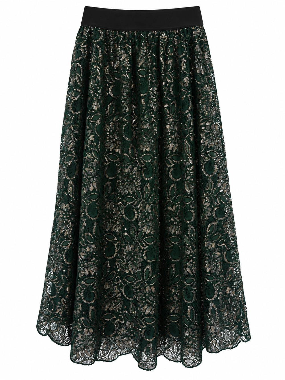 LuLaRoe Dark Green Lace A-Line Skirt with Black Waistband Elegant Collection